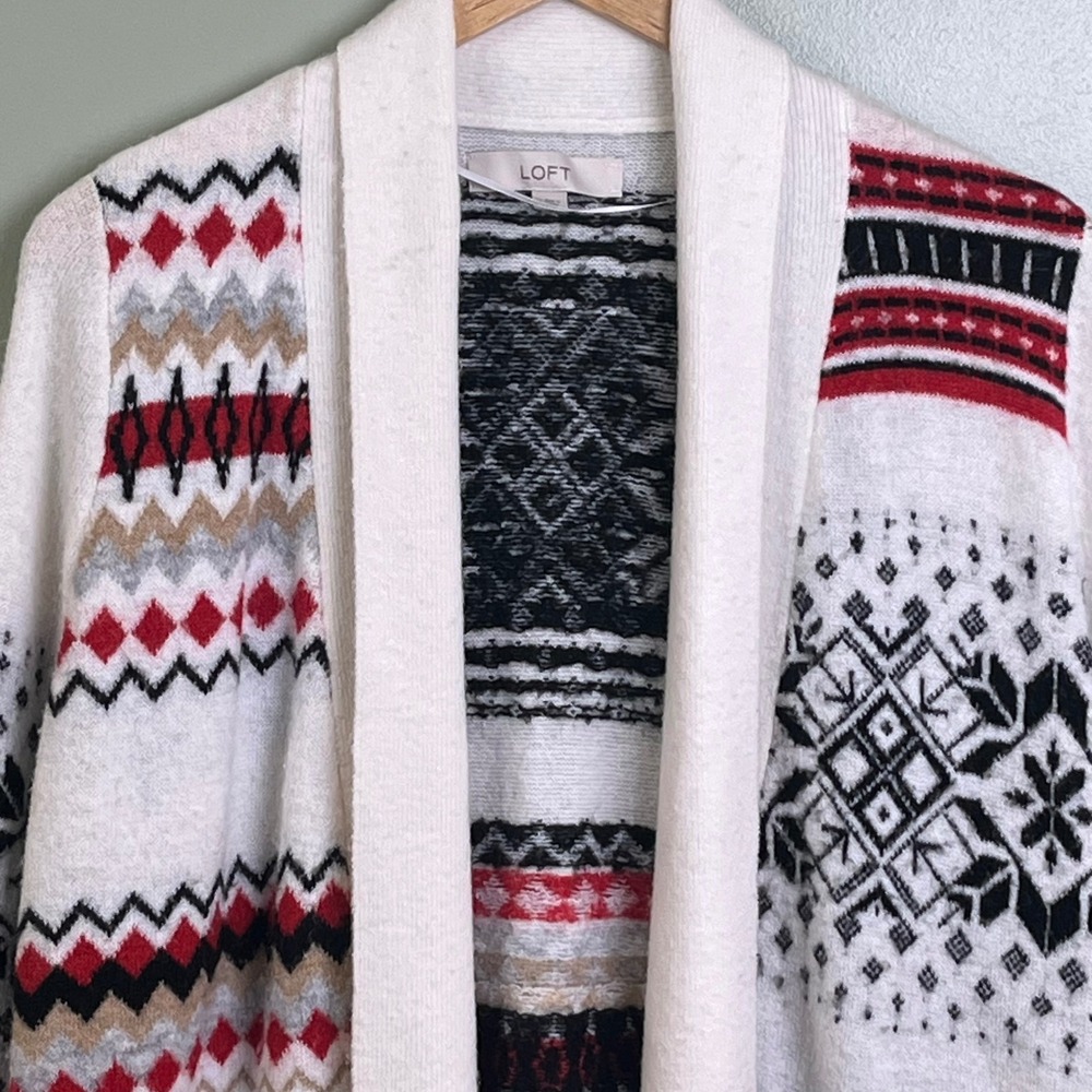Loft Red Black Fair Isle‎ Open Front Cardigan Wool Blend Knit Christmas Medium - Picture 2 of 7